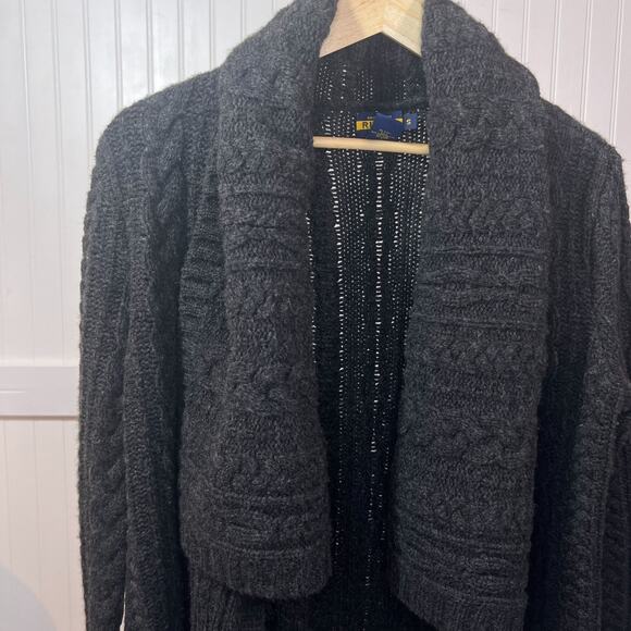 Ralph Lauren Rugby Dark Gray Cable Knit Shawl Collar Cardigan Sweater Chunky S - Picture 1 of 8